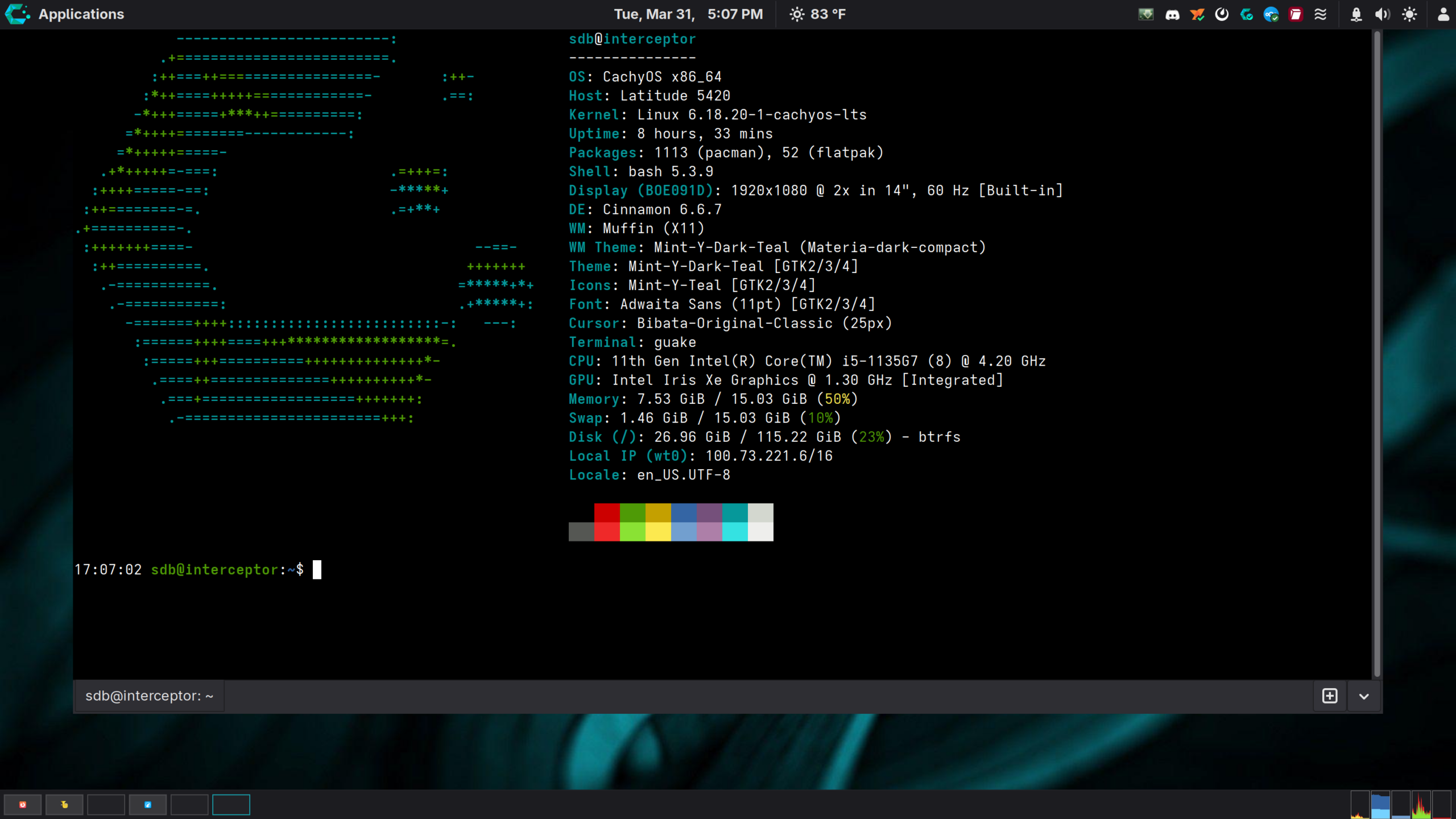 CachyOS running Cinnamon. A wavy teal wallpaper. Two panels. Guake terminal open with fastfetch.